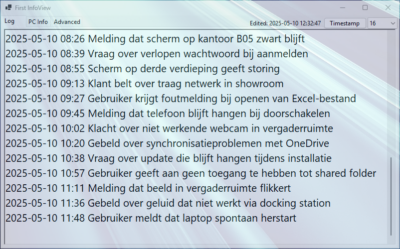 Log tabblad met storingsregistratie